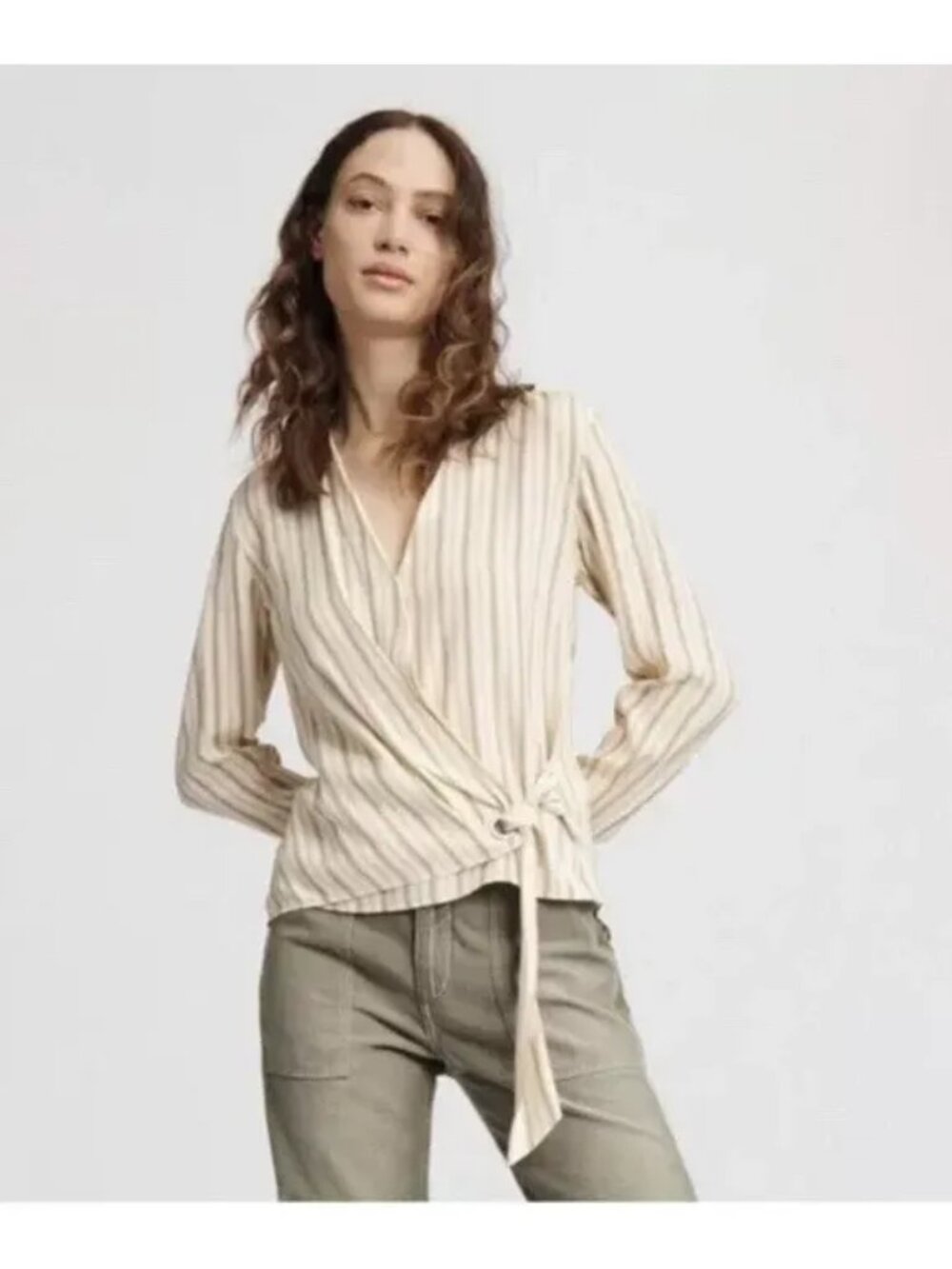 Rag & Bone Silk Pin Striped Wrap Blouse, Size Medium